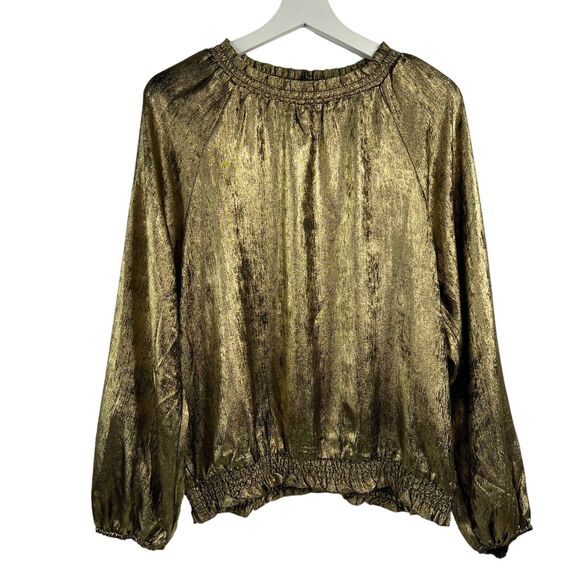 Chenault Size L Blouse Metallic Gold Smocked Waist Long Sleeves High Neck Top - Picture 1 of 9